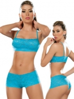 Sexy Turquoise Blue Lace Tank Crop Top Bra and Panties Set - Extra Large