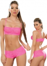 Sexy Hot Pink Lace Tank Crop Top Bra and Panties Set - Small