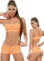 Sexy Hot Orange Lace Tank Crop Top Bra and Panties Set - Large