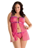 Plus Size Flyaway Babydoll in Cotton Candy Pink with Purple Trim with Thong