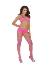 Sexy Stretch Lace Halter Bra, Garter Belt And G-string Panty Lingerie Set, Large, Neon Pink
