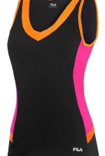 Fila Women's FBG V-Neck Tank Top, Black/Pink Glo/Orange Clown Fish, X-Large