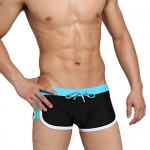Mens Swimwear Sexy Sport Shorts Tie Rope Swim Trunks (Black Blue Size M)