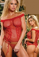 Off the Shoulder Fence Net Cami Top and Thong (Red, OS)