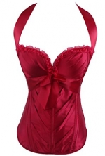 Sue Shop Women's Sexy Lace Top Bow Front Halter Sweetheart Overbust Corset Bustiers, Deep Red