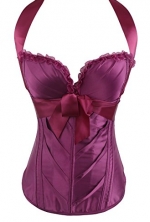 Sue Shop Women's Sexy Lace Top Bow Front Halter Sweetheart Overbust Corset Bustiers, Fuchsia