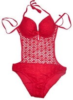 COOCLO Women's Backless Crochet Lace Hollow Out One Piece Swimsuit size 0-2 US red
