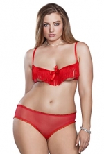 iCollection Women's Plus-Size Stretch Mesh and Fringe 2 Piece Set, Red, 1X