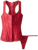 iCollection Women's Brocade Racerback Corset and G-String, Scarlet, 32