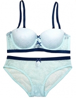 Spree Juniors Push up Bra and Hipster Panty with Lace Overlay and Details (38CXl, Aqua/Navy)